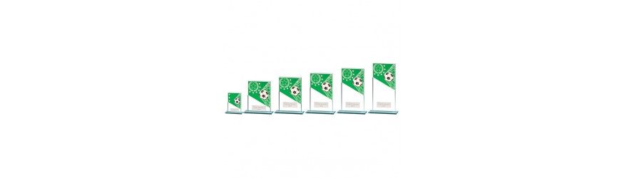 MUSTANG GREEN/SILVER FOOTBALL GLASS TROPHY -  6 SIZES - 8CM - 18CM